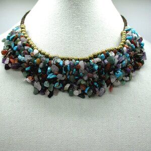 Tiraphan Hasub Gemstone Chip Necklace Multicolor with Brass Accents Handmade